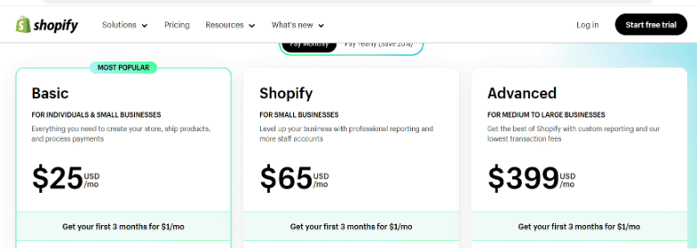 Shopify's pricing page