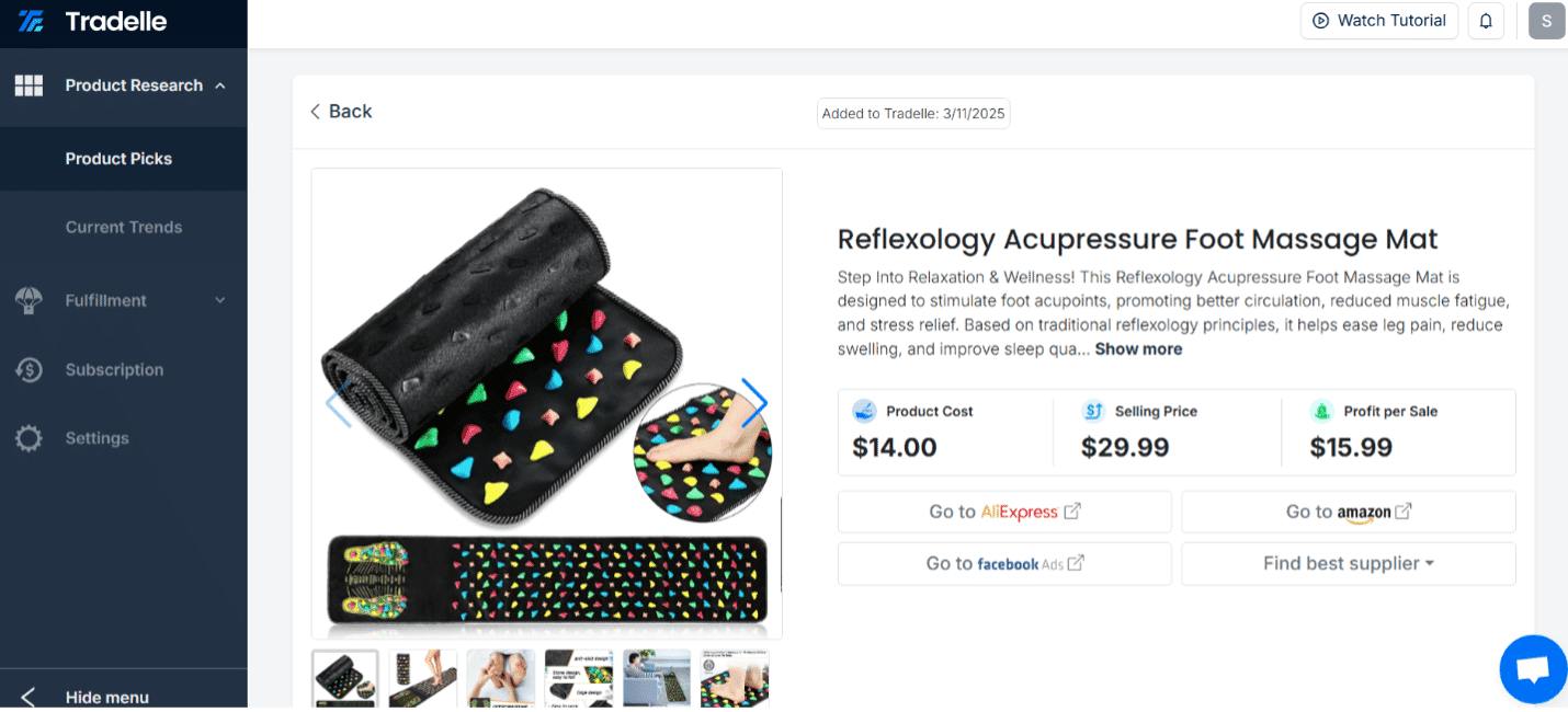 Dropshipping product listing on Tradelle