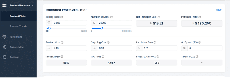 Profit calculator for dropshipping