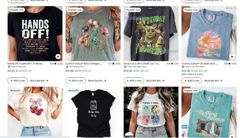 Etsy product selection