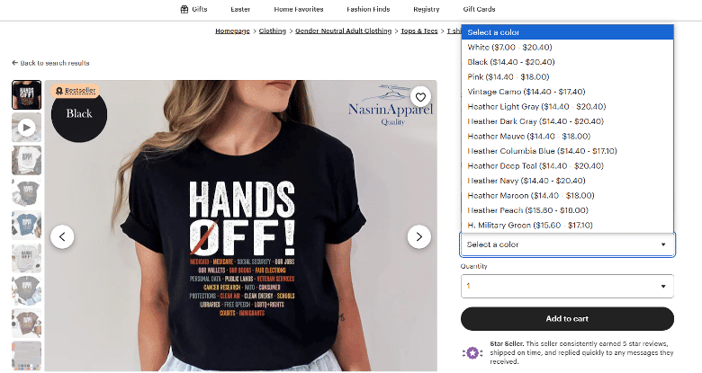 Product listing on Etsy