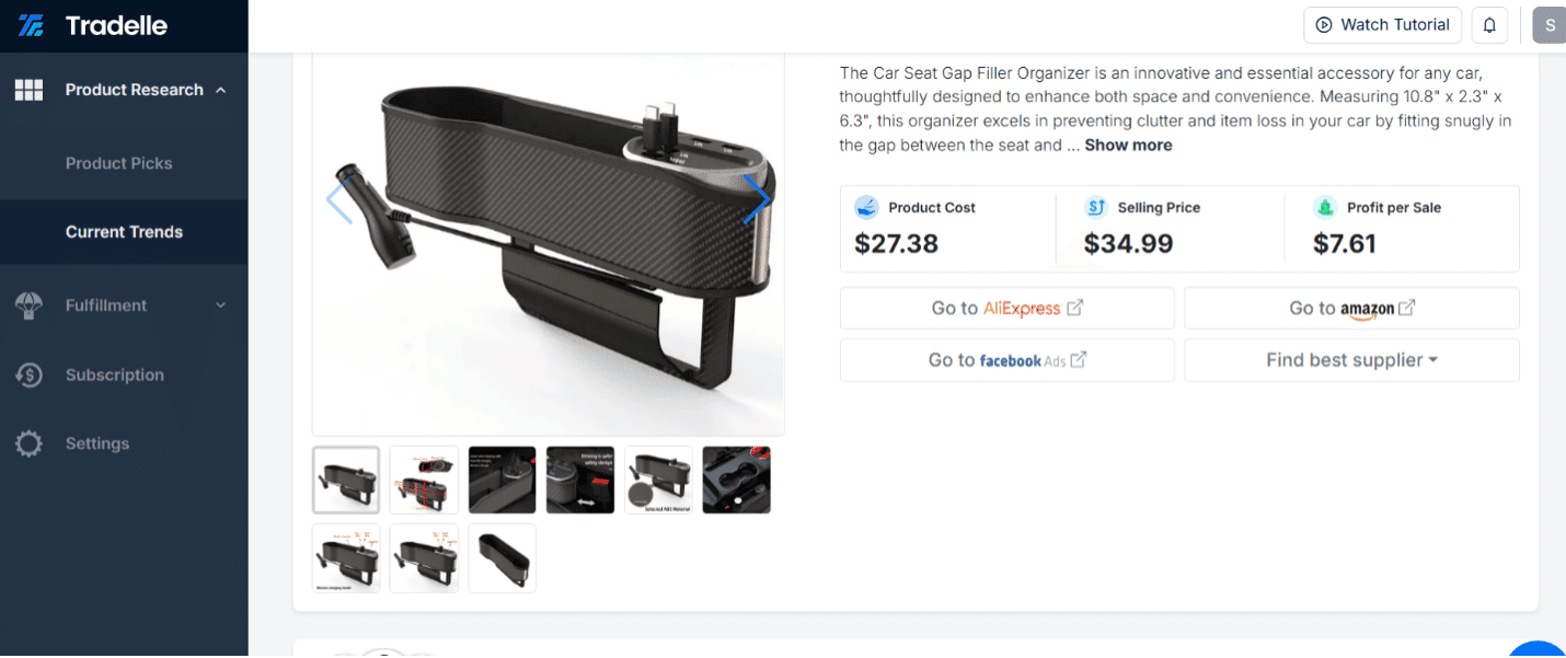 Product listing on Tradelle