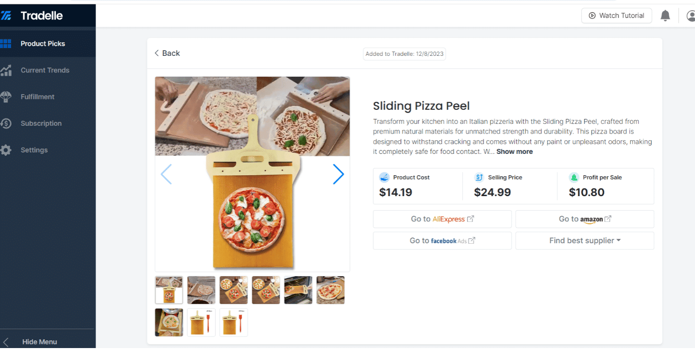 Product page in Tradelle's dashboard