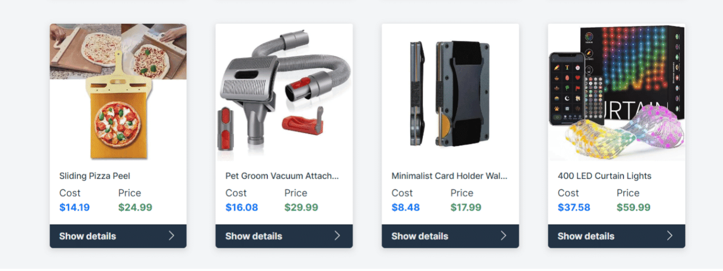 A selection of products available in Tradelle's dashboard