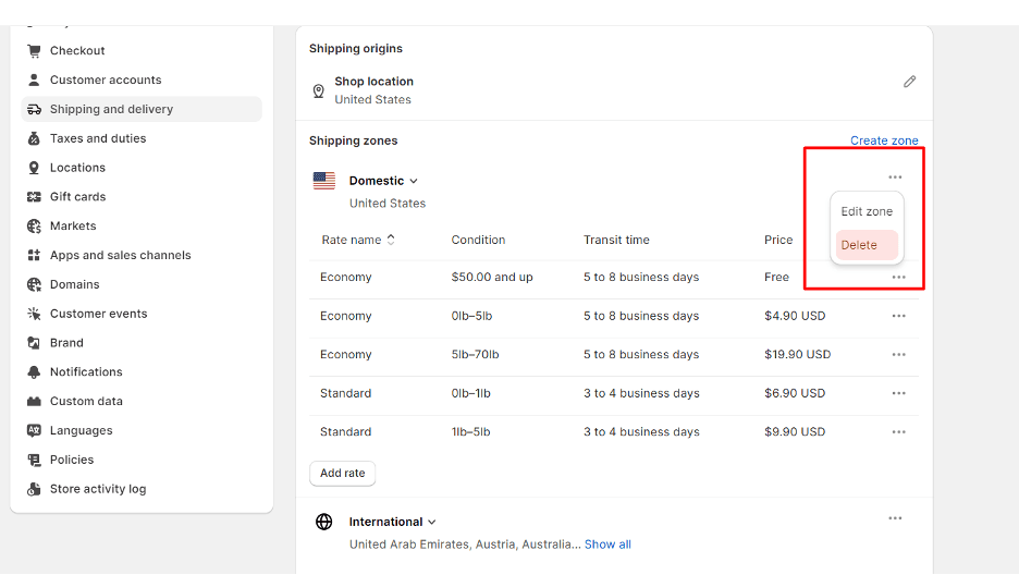 Shopify dashboard - Shipping and delivery settings - Deleting shipping zones - Step 1