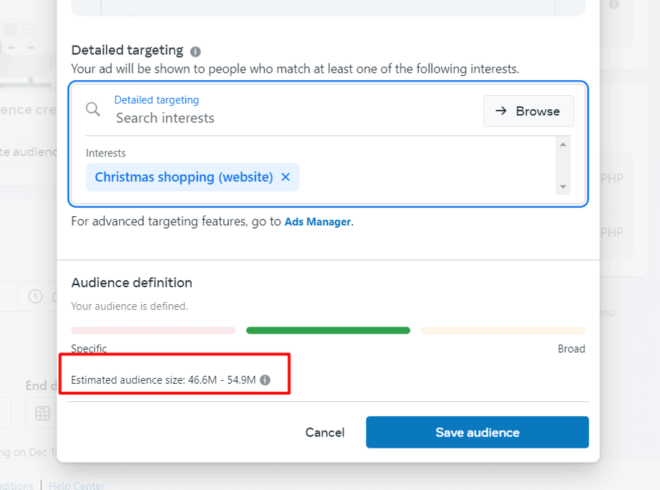 Targeting settings in Meta ads.