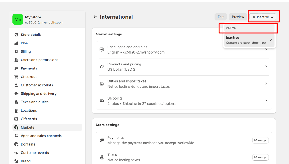 Shopify dashboard - Market settings - International - Drop down menu