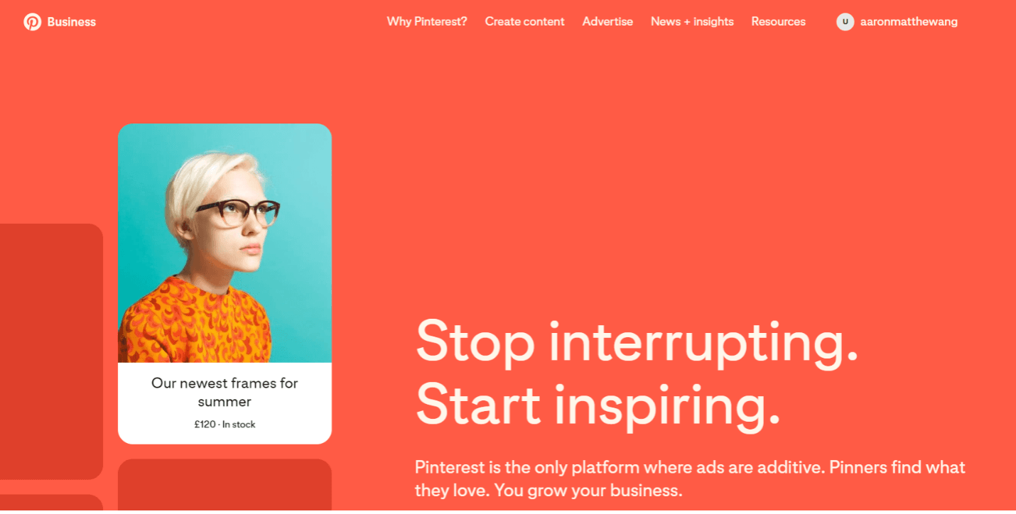 Homepage of Pinterest business