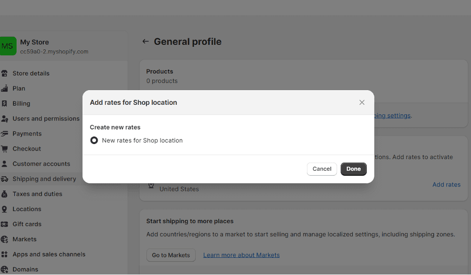 Shopify dashboard - Shipping and delivery settings - Adding new shipping rates - Step 2