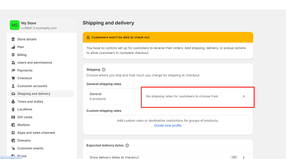 Shopify dashboard - Shipping and delivery settings - Adding new shipping zones