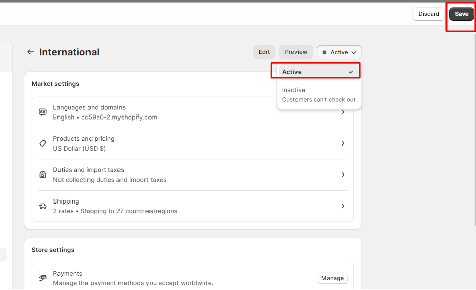Shopify dashboard - Market settings - International - Activating a shipping zone