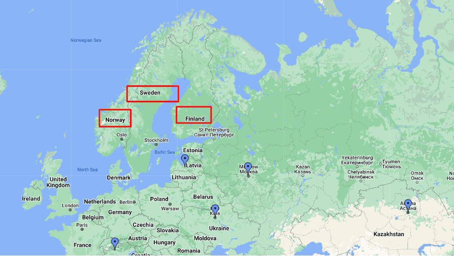 Google Maps map of Norway, Sweden & Finland