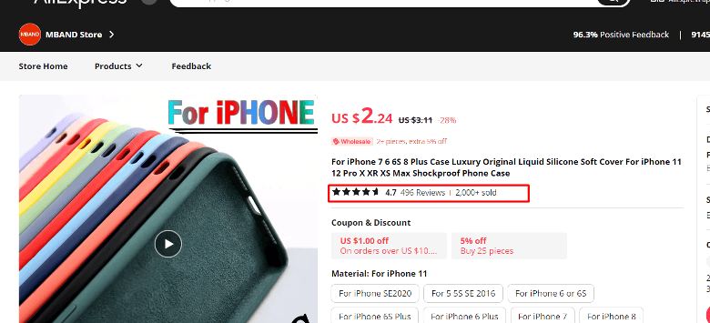 Product page on AliExpress.com illustrating the importance of reviews
