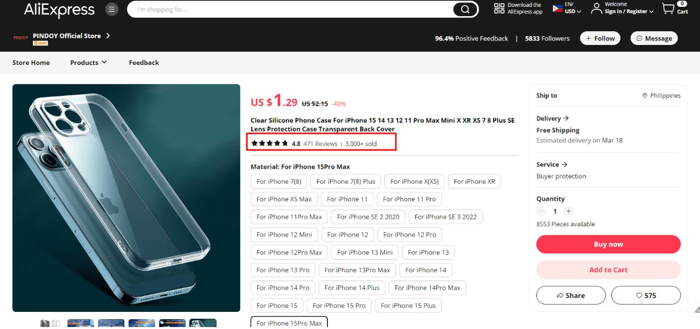 Product page on AliExpress.com illustrating reviews