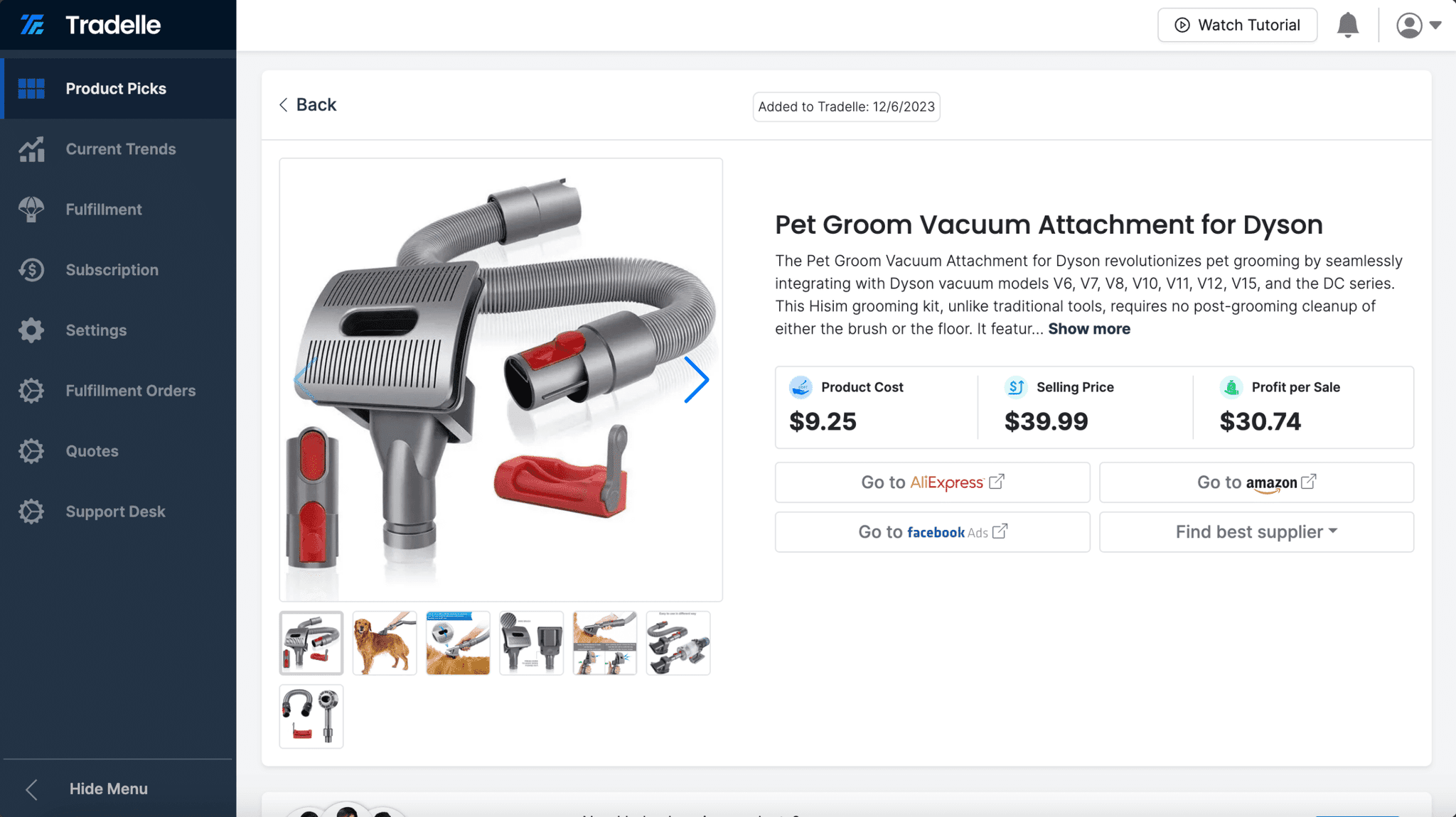 Product page on Tradelle